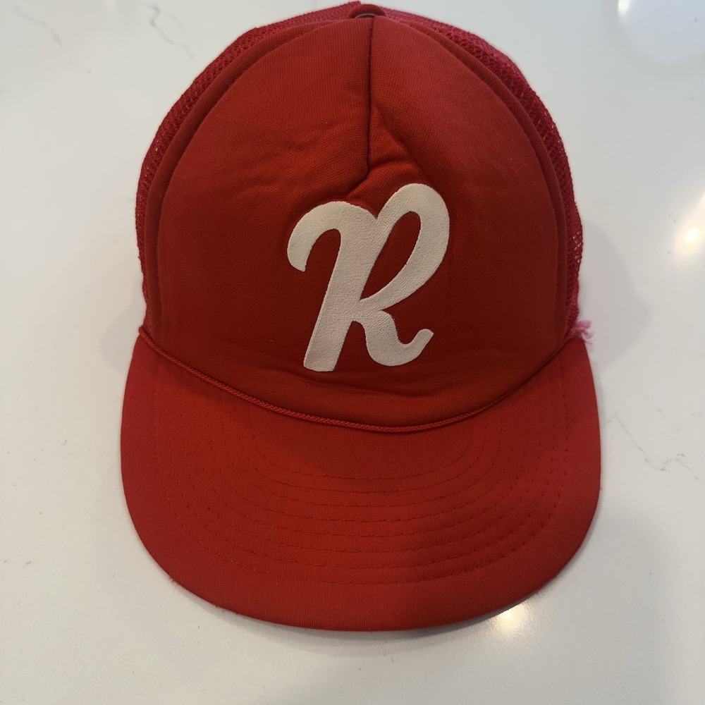 Vintage 80s Trucker Hat Cap "R" Snapback Mesh Red Puff Print Rope Baseball